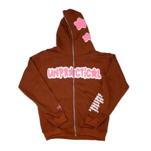 Brown 100% Cotton hoodie with Zipper all over the hood with custom puff-printing and custom labels and custom bags
