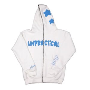 White100% Cotton hoodie with Zipper all over the hood with custom puff-printing and custom labels and custom bags