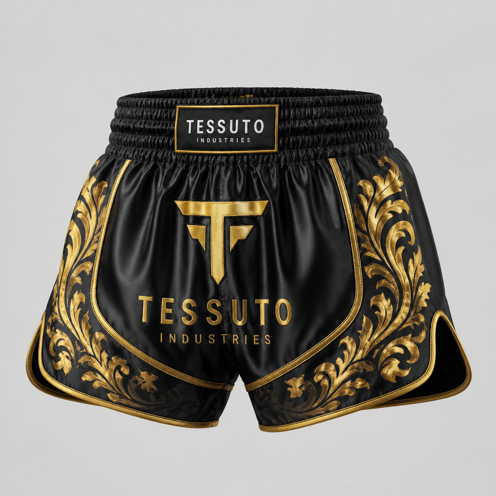 Elite Tessuto Premium Muay Thai Shorts - Black & Gold