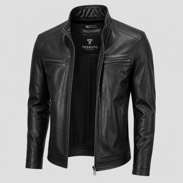 Elite Tessuto Men's Icon Grained Leather Racer Jacket - Obsidian Black