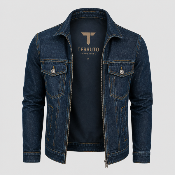 Elite Tessuto Men's Icon Zippered Denim Jacket - Dark Wash Blue