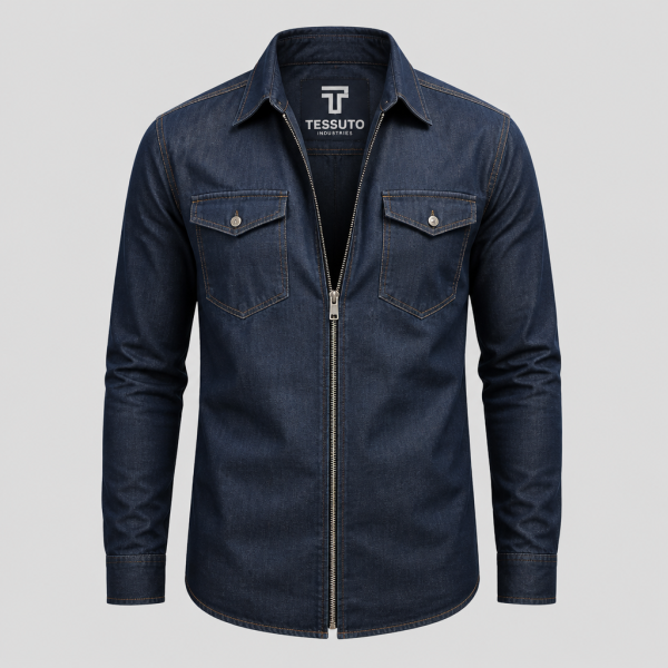 Elite Tessuto Men's Modern Zippered Denim Shirt - Dark Indigo