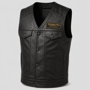 Elite Tessuto Men's Icon Grained Leather Biker Vest - Matte Onyx Black