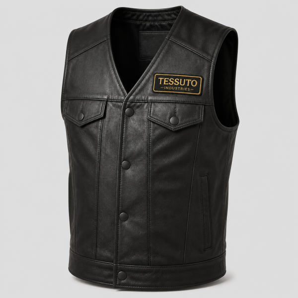 Elite Tessuto Men's Icon Grained Leather Biker Vest - Matte Onyx Black