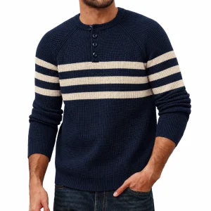 Custom Men's Navy Blue Striped Henley Sweater