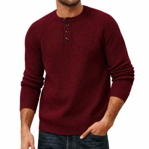 Custom Men's Burgundy Ribbed Henley Sweater