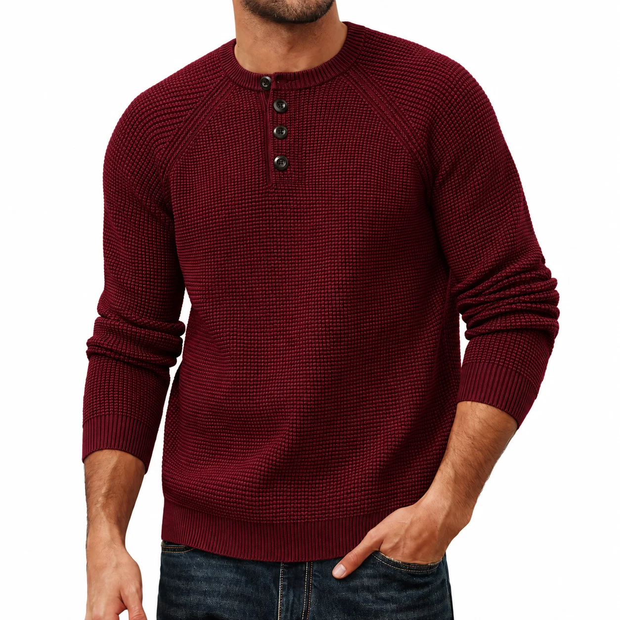 Custom Men's Burgundy Ribbed Henley Sweater