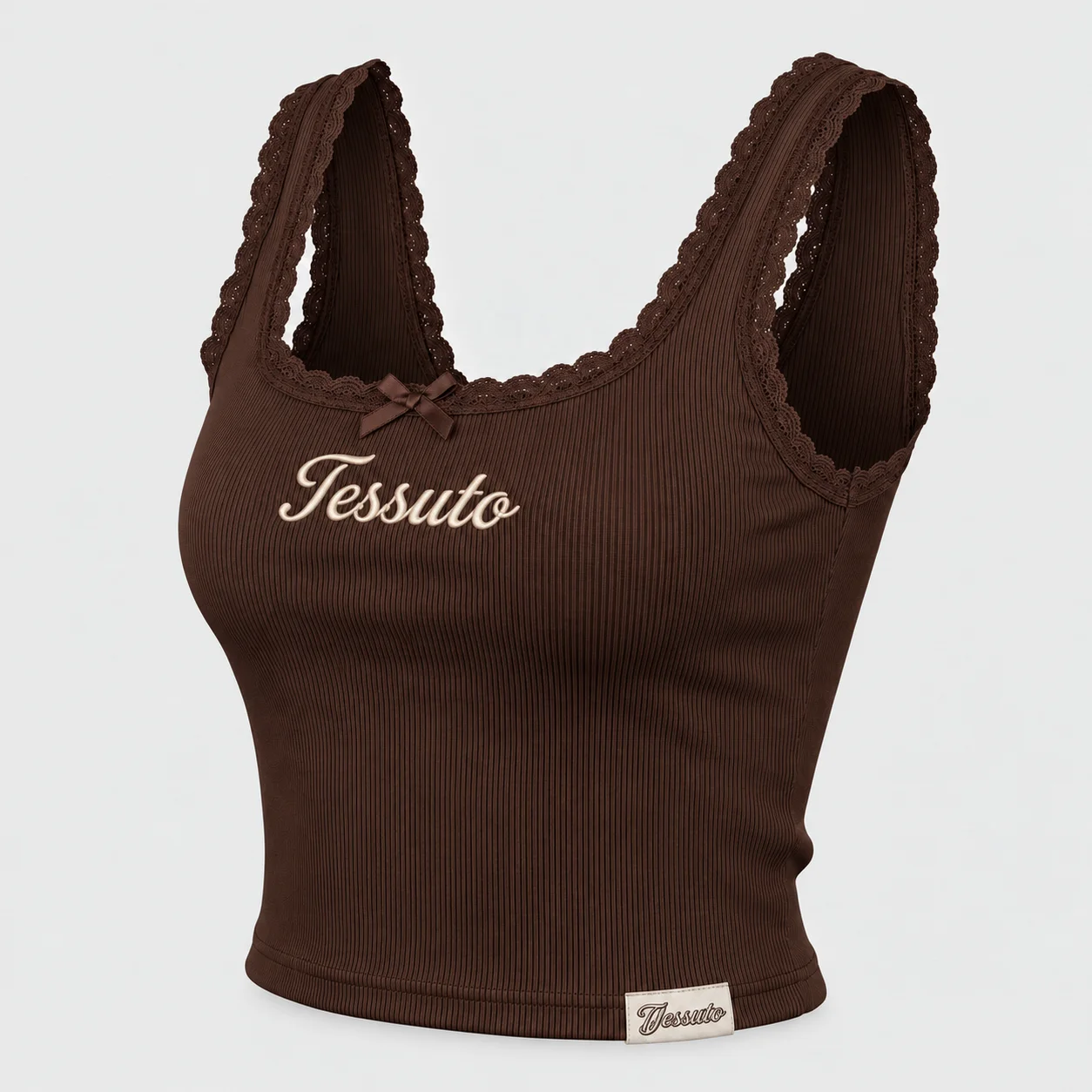 Custom Women's Brown Lace Trim Ribbed Cotton Crop Tank Top
