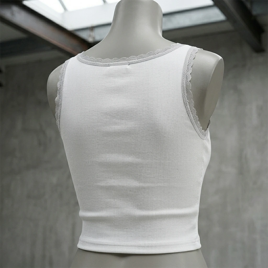 Custom Women's Purple Lace Trim Ribbed Cotton Crop Tank Top - Image 2