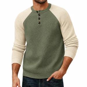 Custom Men's Green Color Block Henley Sweater