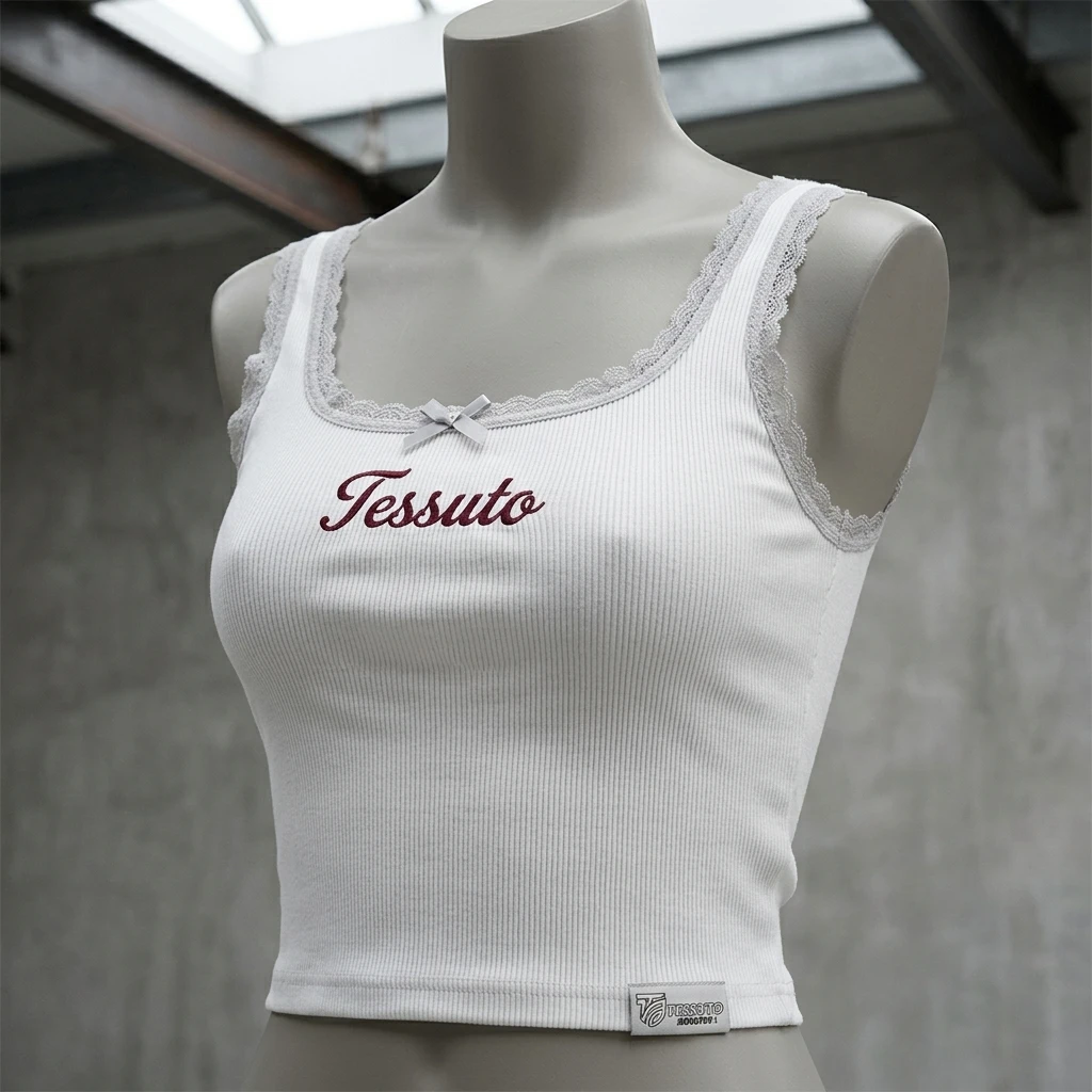 Custom Women's Brown Lace Trim Ribbed Cotton Crop Tank Top - Image 2