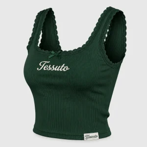 Custom Women's Forest Green Lace Trim Ribbed Cotton Crop Tank Top