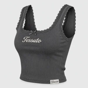 Custom Women's Charcoal Lace Trim Ribbed Cotton Crop Tank Top