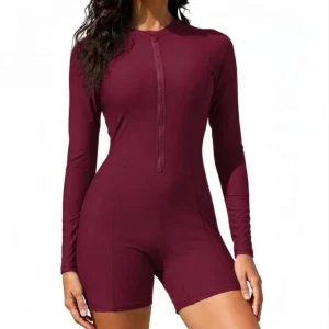 Custom Women's Burgundy Long Sleeve Swim Rash Guard