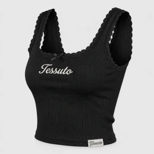 Custom Women's Black Lace Trim Ribbed Cotton Crop Tank Top