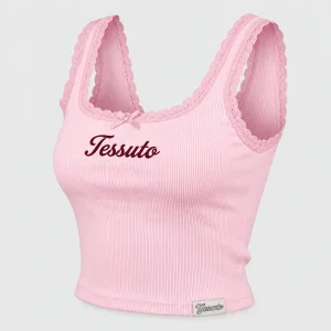 Custom Women's Baby Pink Lace Trim Ribbed Cotton Crop Tank Top