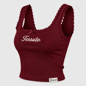 Custom Women's Burgundy Lace Trim Ribbed Cotton Crop Tank Top